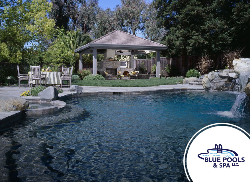 Luxury pool upgrades in Shelter Island with waterfall features and custom decking for a relaxing backyard retreat.